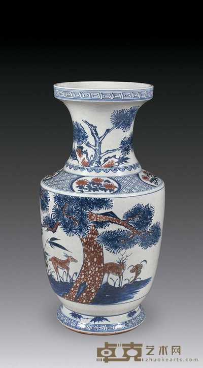 清嘉庆 青花釉里红松鹿纹瓶 高45cm